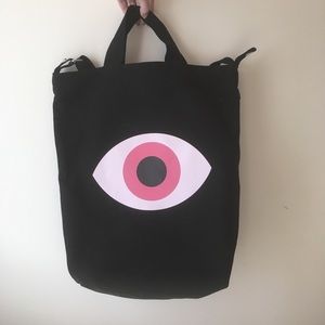 Eye graphic black canvas tote bag adjustable strap